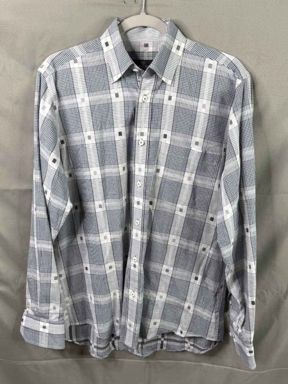 Bugatchi Uomo Plaid Button Front Shirt Womens Large Gray Navy Square Pattern